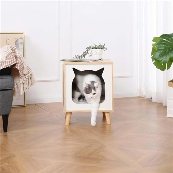 Wooden Cat House, Cat Condo Wood Kitten Hidden Cave TV Cat Bed with Cushion - Picture 6 of 7